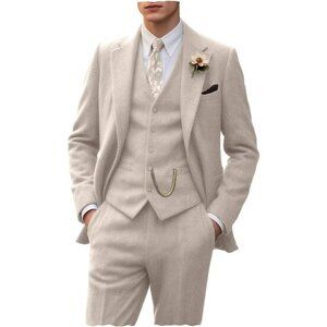 Men's Beige 3 Piece Slim Fit Herringbone Suit Groom Tuxedo Wedding Set
